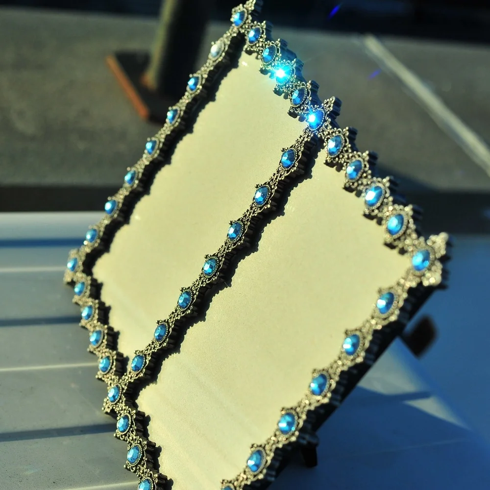 Vintage Metalwork Floral Metallic Blue Crystals Double Picture Frames